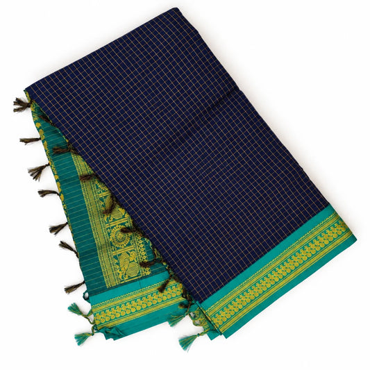 Deep Blue Checked Kalyani Cotton Saree