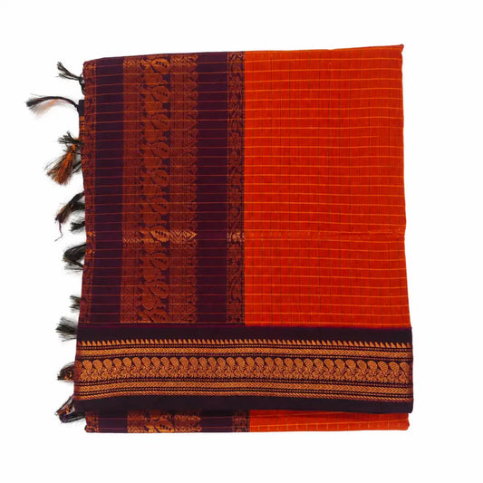 Orange with Maroon Checked Kalyani Cotton Sarees