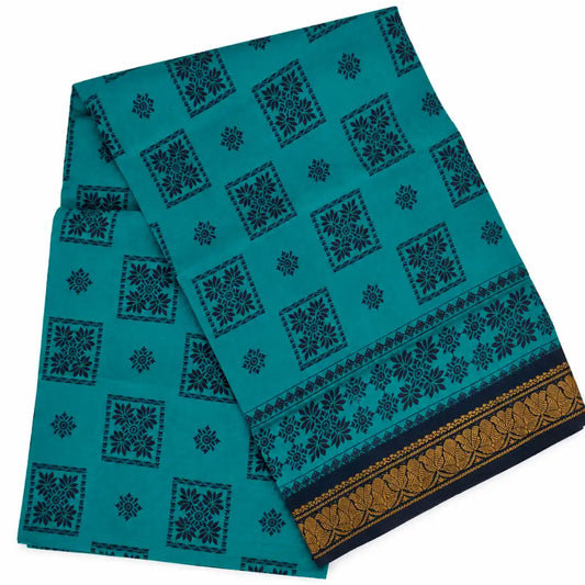 Teal Blue with Navy Blue Sungudi Cotton Saree