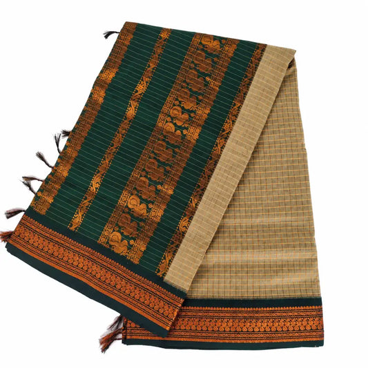 Beige with Bottle Checked Green Kalyani Cotton Sarees