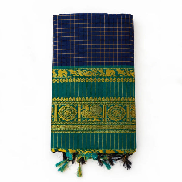 Deep Blue Checked Kalyani Cotton Saree