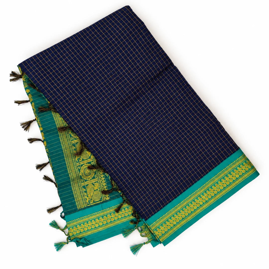 Deep Blue Checked Kalyani Cotton Saree