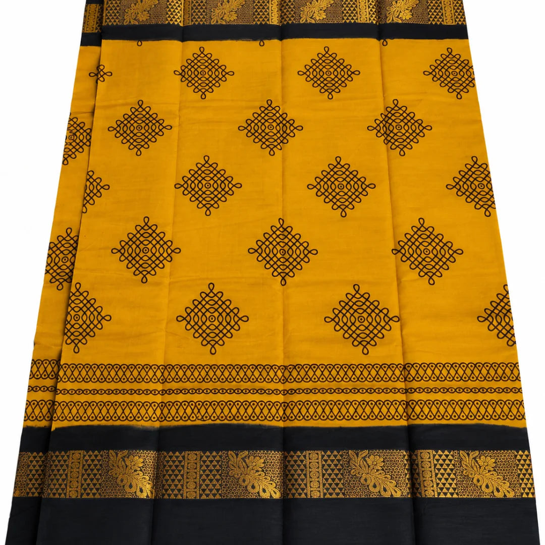 Yellow Kolam Design Sungudi Cotton Saree