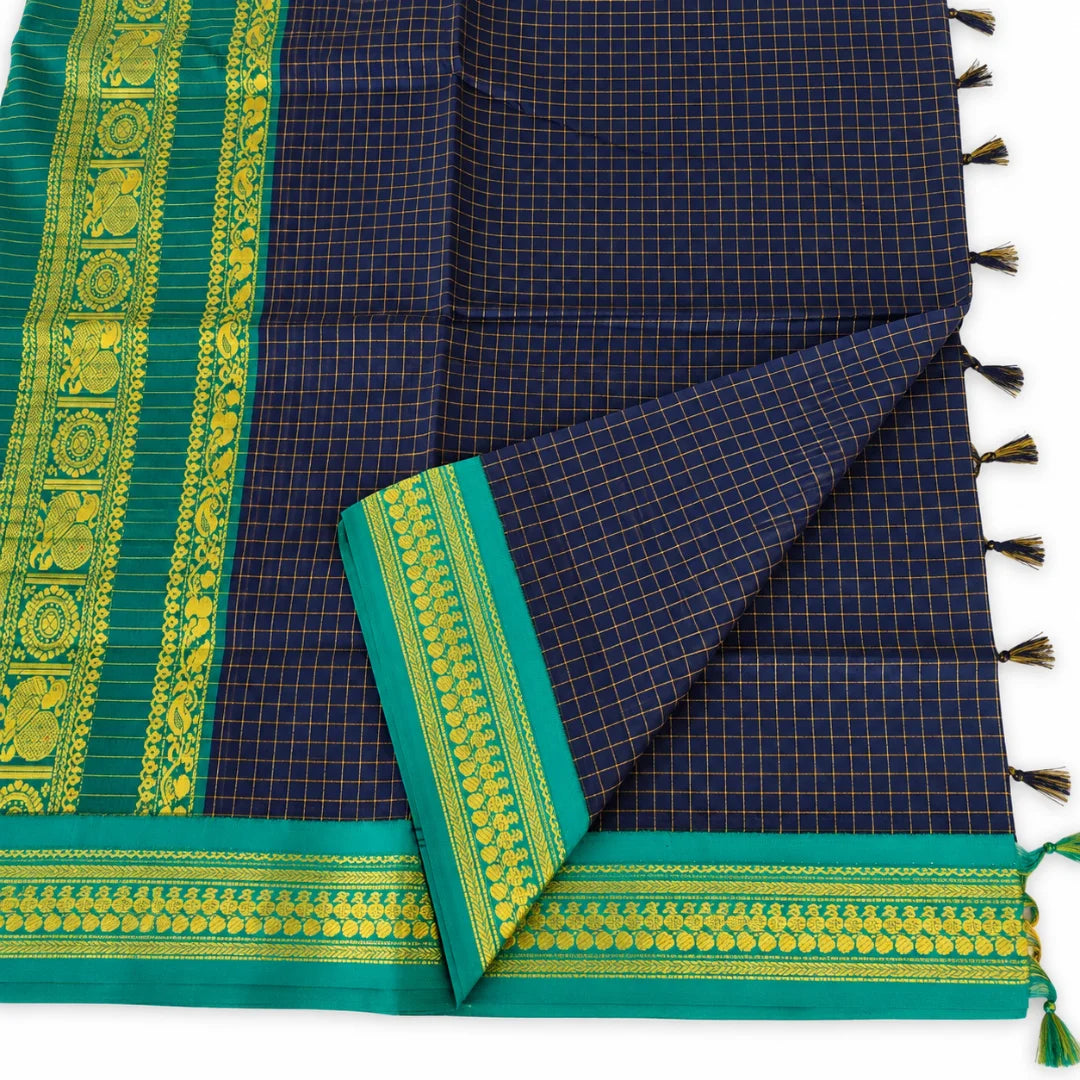 Deep Blue Checked Kalyani Cotton Saree