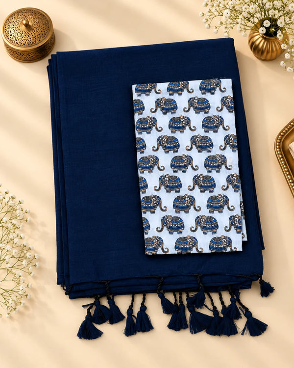 Deep Blue Khadi Cotton Saree with Blouse