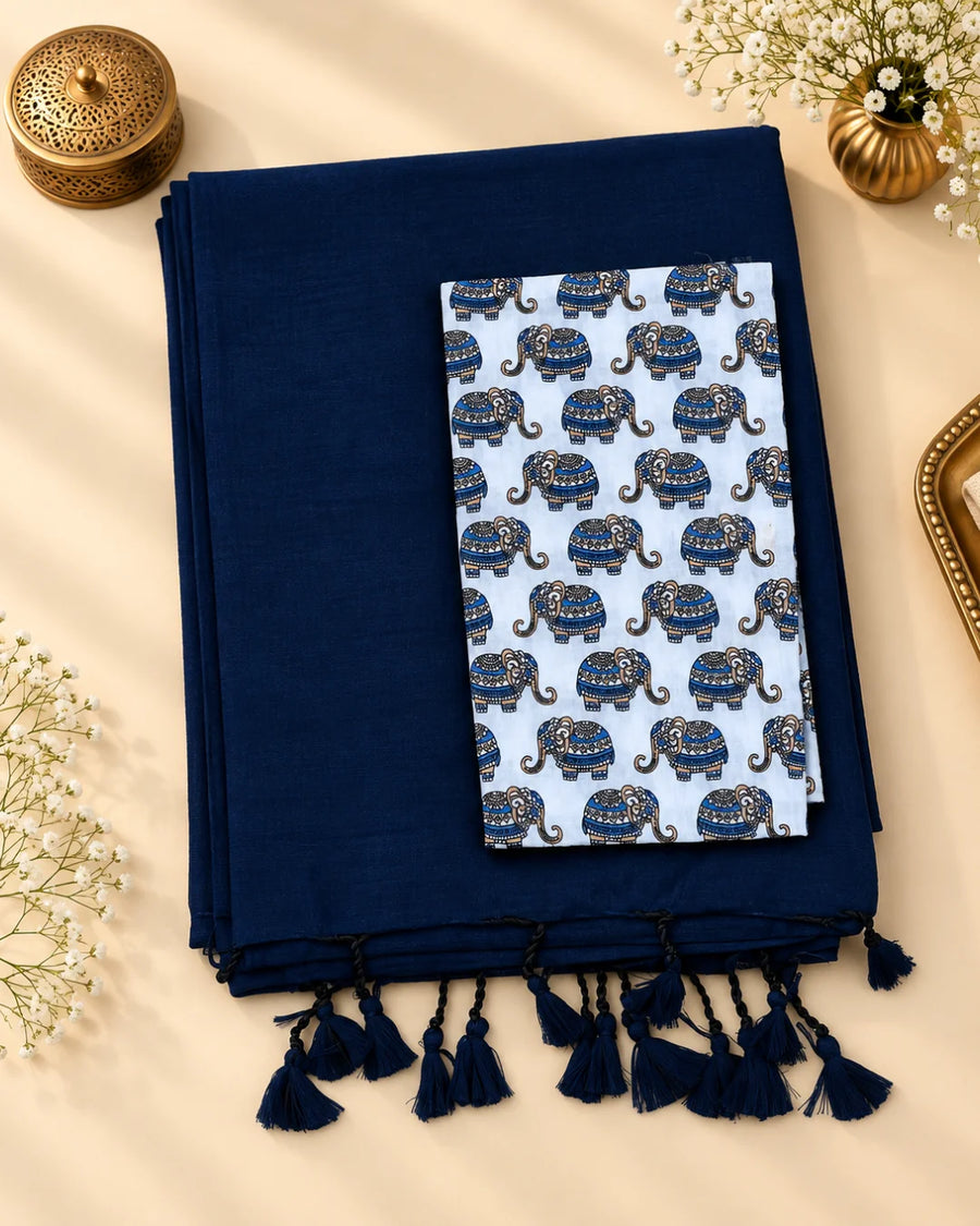 Deep Blue Khadi Cotton Saree with Blouse