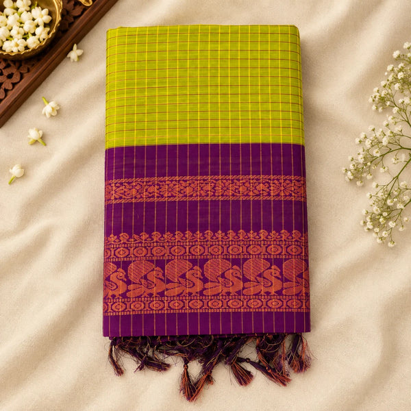Green Checked Kalyani Cotton Saree