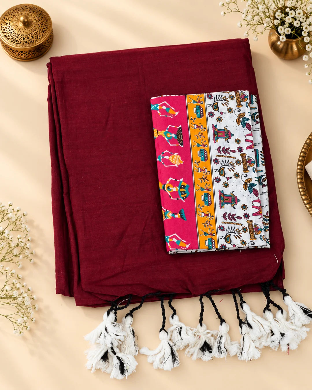 Maroon Khadi Cotton Saree with Blouse