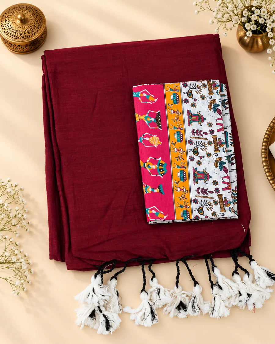 Maroon Khadi Cotton Saree with Blouse