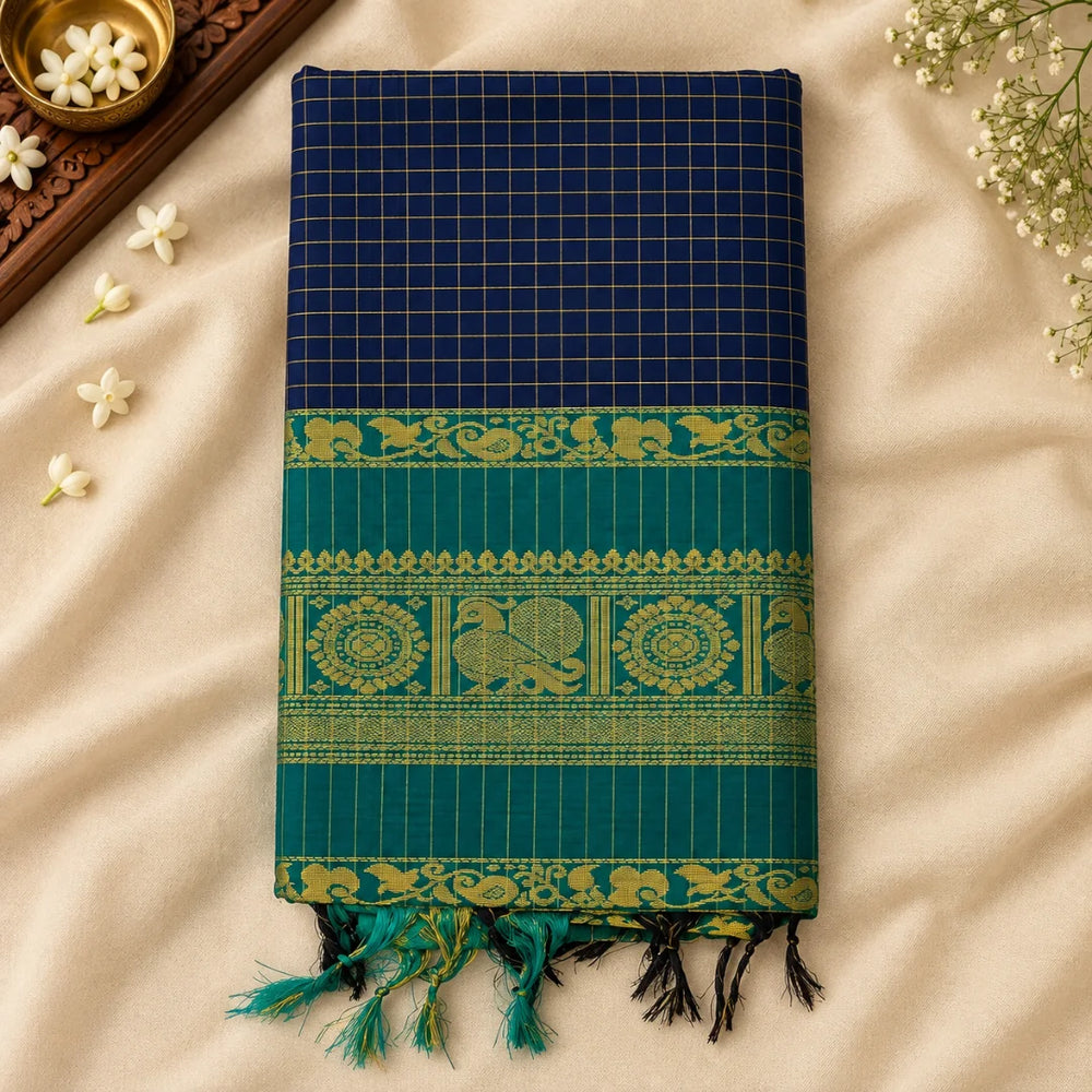 Deep Blue Checked Kalyani Cotton Saree
