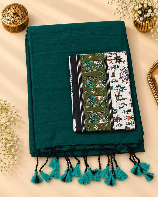 Green Khadi Cotton Saree with Blouse