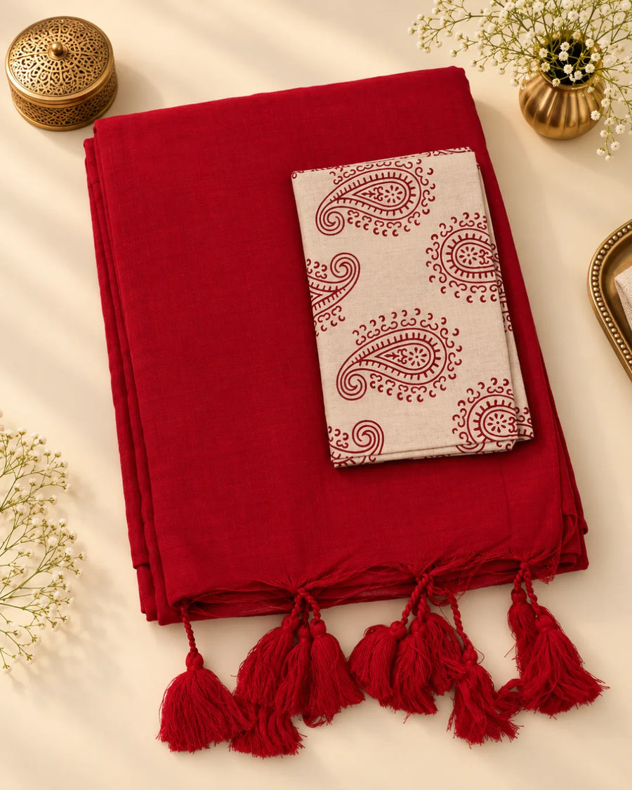 Red Khadi Cotton Saree with Blouse