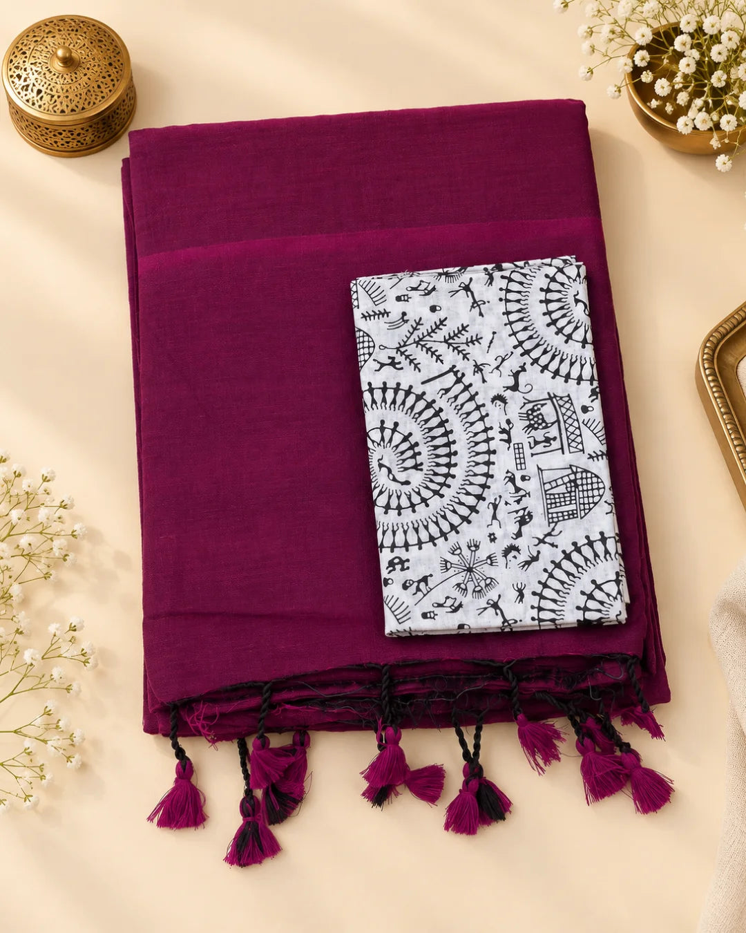 Wine Red Khadi Cotton Saree with Blouse