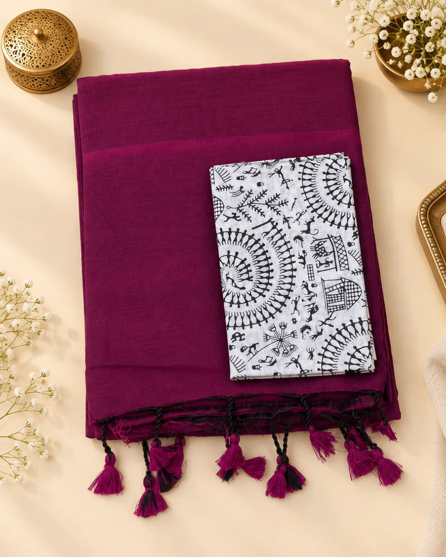 Wine Red Khadi Cotton Saree with Blouse