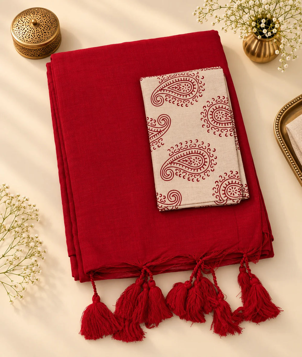 Red Khadi Cotton Saree with Blouse