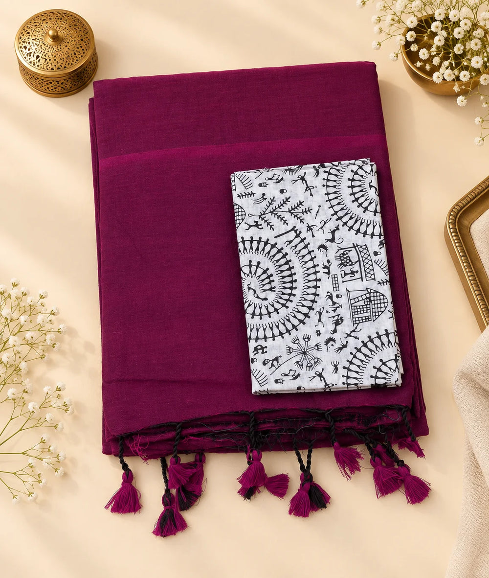 Wine Red Khadi Cotton Saree with Blouse