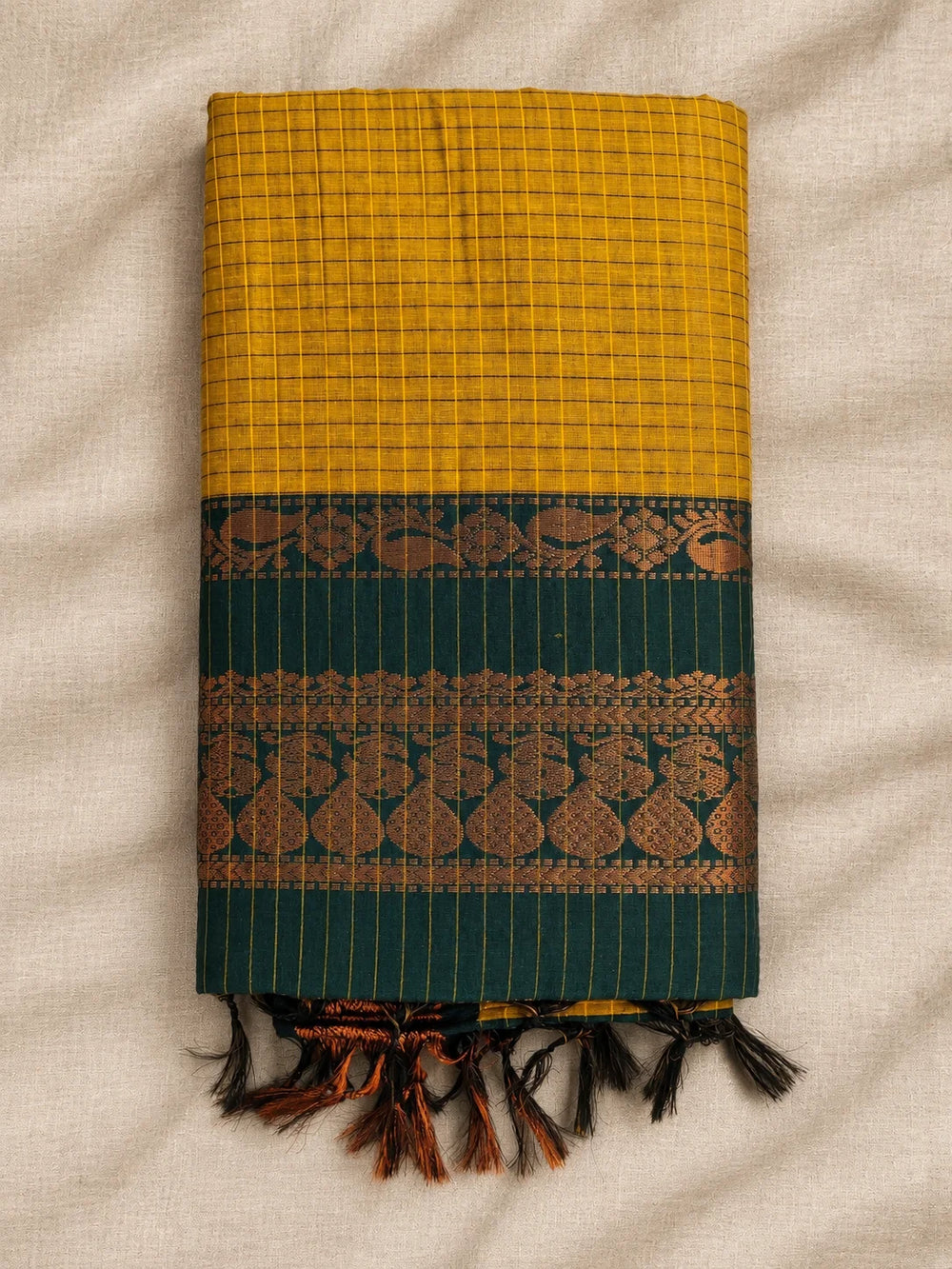 Yellow Checked Kalyani Cotton Saree