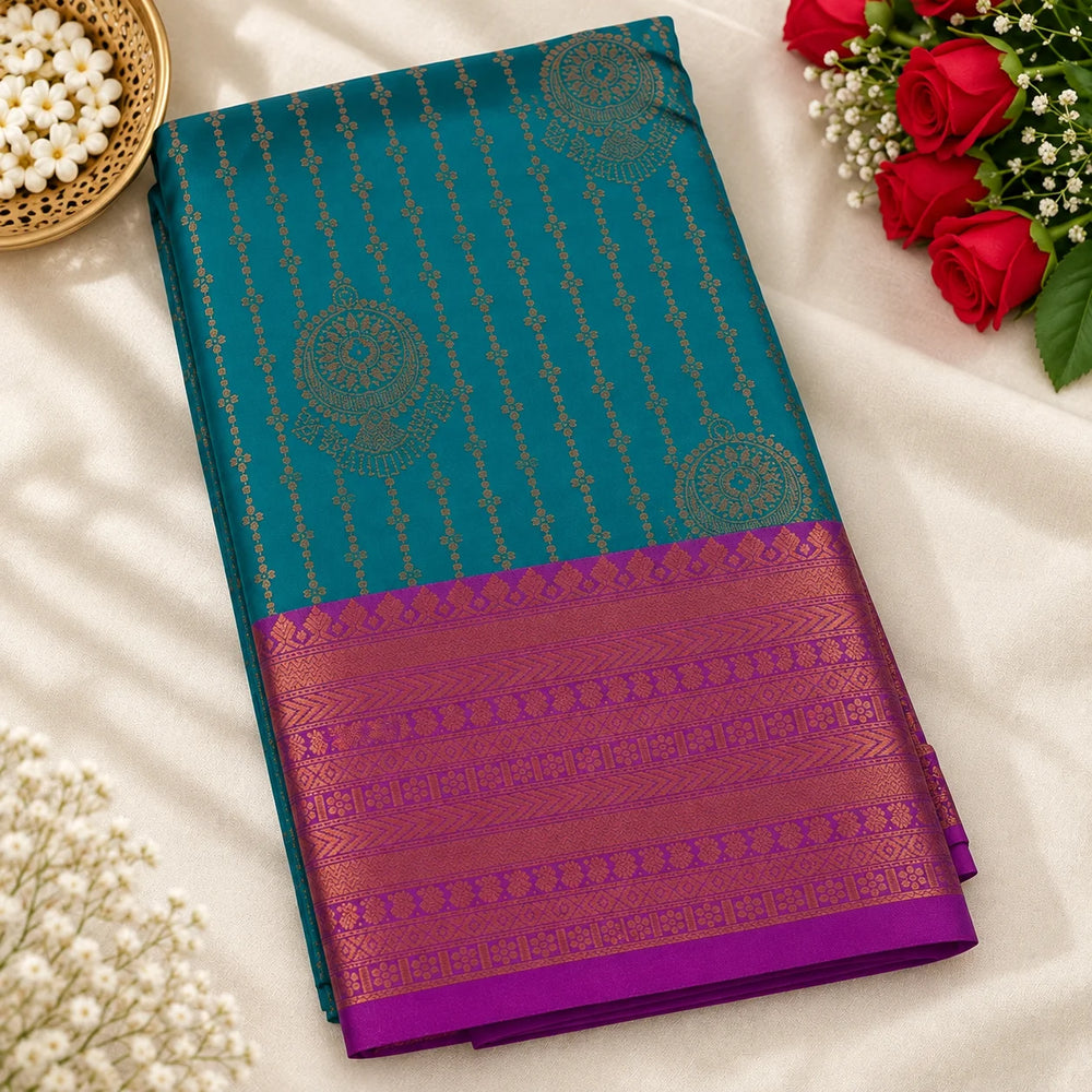 Teal Blue Vairaoosi Softsilk Saree with Gold Zari border