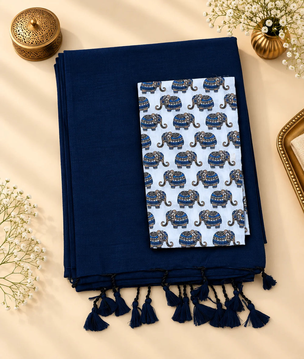 Deep Blue Khadi Cotton Saree with Blouse