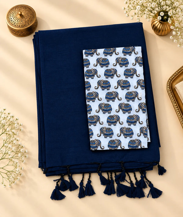 Deep Blue Khadi Cotton Saree with Blouse
