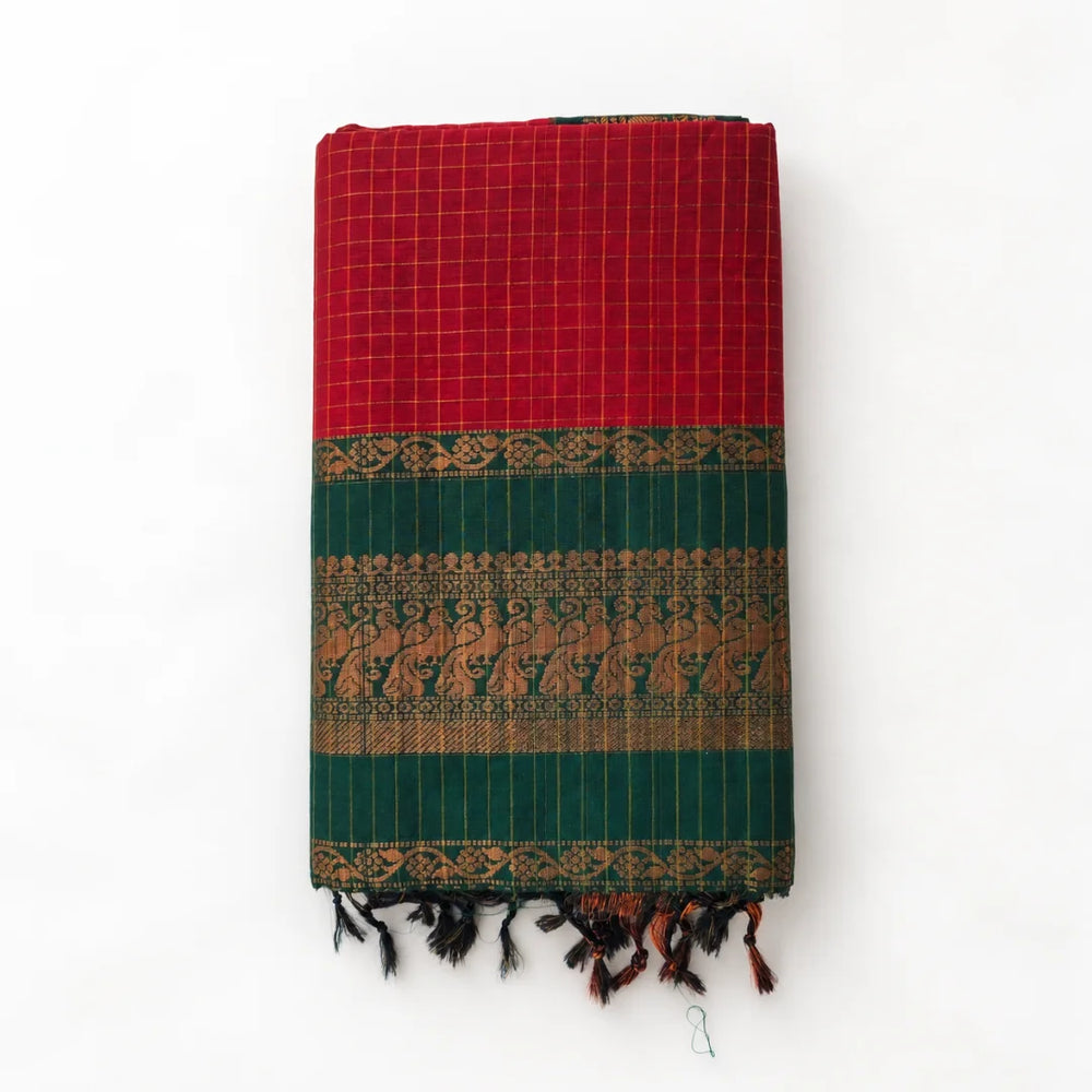 Red Checked Kalyani Cottom Saree