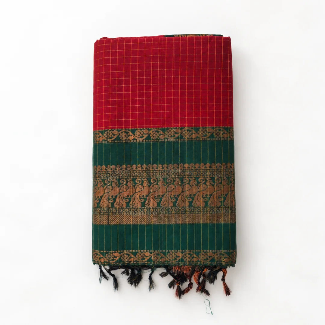 Red Checked Kalyani Cottom Saree