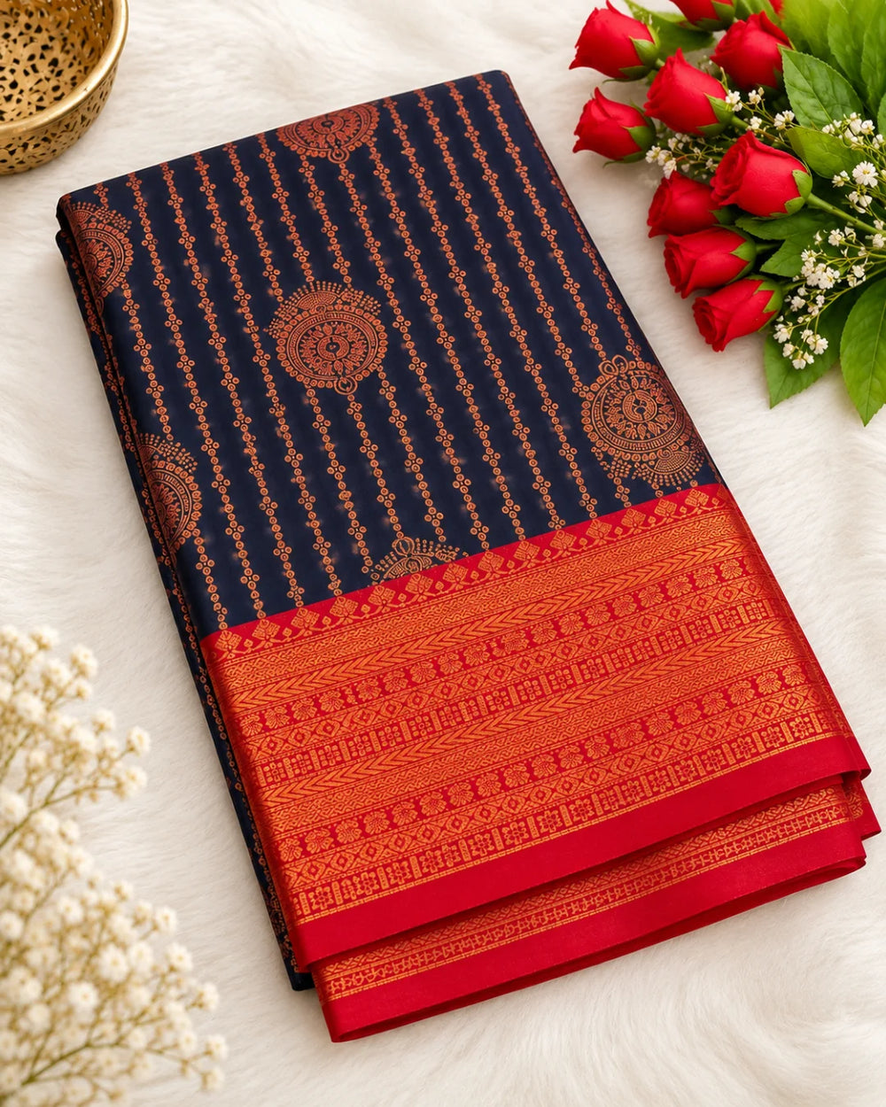 Deep Blue Vairaoosi Softsilk Saree with Gold Zari border