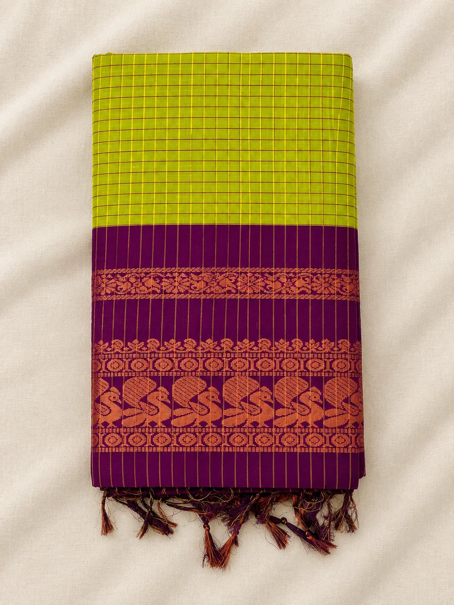 Green Checked Kalyani Cotton Saree
