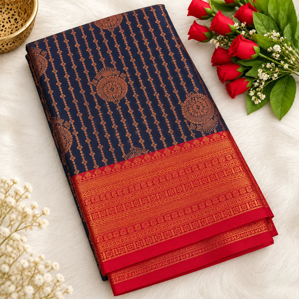 Deep Blue Vairaoosi Softsilk Saree with Gold Zari border