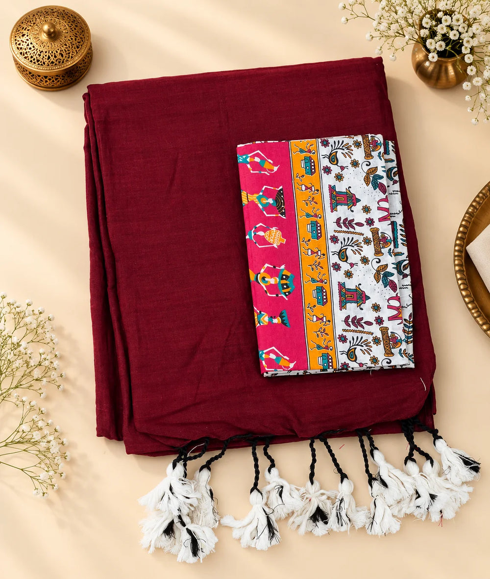 Maroon Khadi Cotton Saree with Blouse