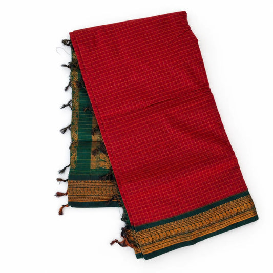 Red Checked Kalyani Cottom Saree