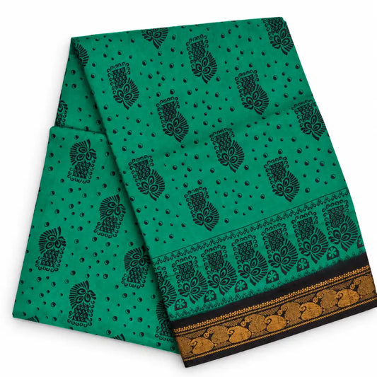 Emerald Green with Black Sungudi Cotton Saree