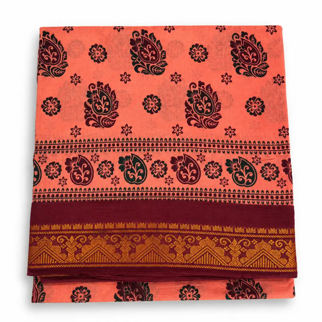 Coral Pink with Black Sungudi Cotton Saree