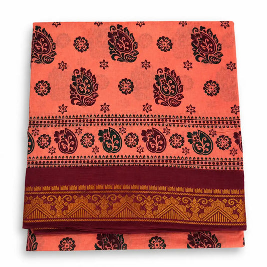 Coral Pink with Black Sungudi Cotton Saree