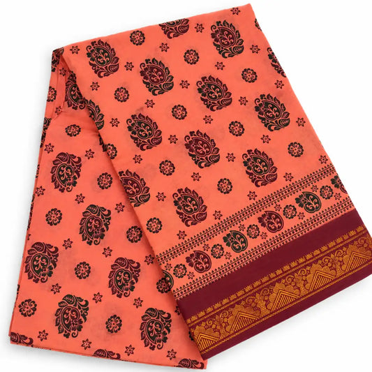 Coral Pink with Black Sungudi Cotton Saree