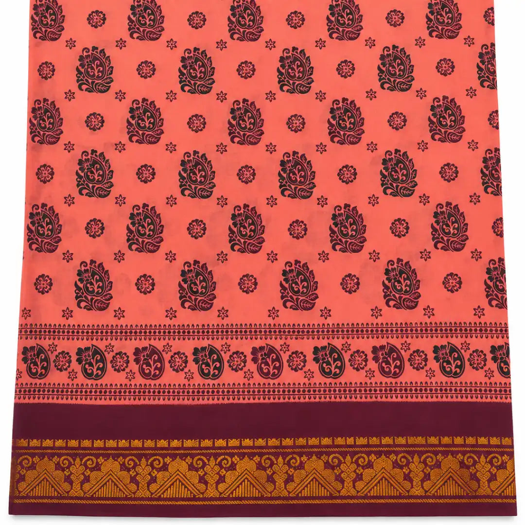Coral Pink with Black Sungudi Cotton Saree
