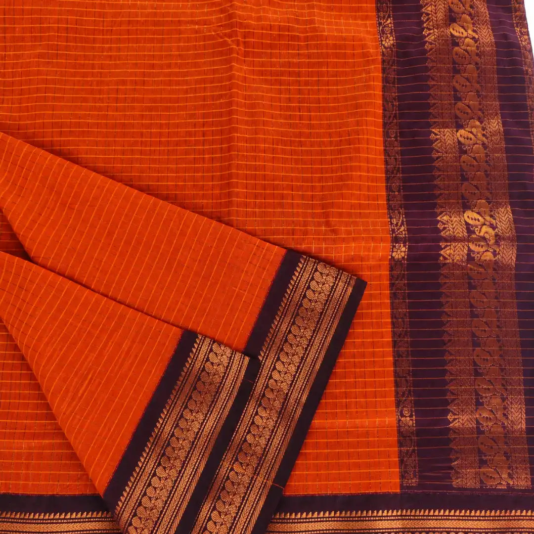 Orange with Maroon Checked Kalyani Cotton Sarees