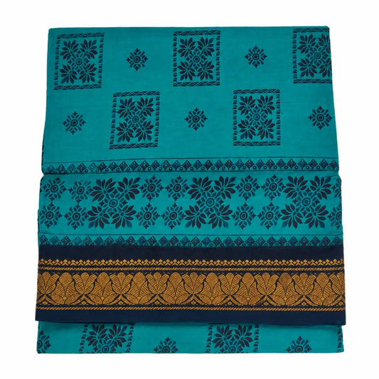 Teal Blue with Navy Blue Sungudi Cotton Saree