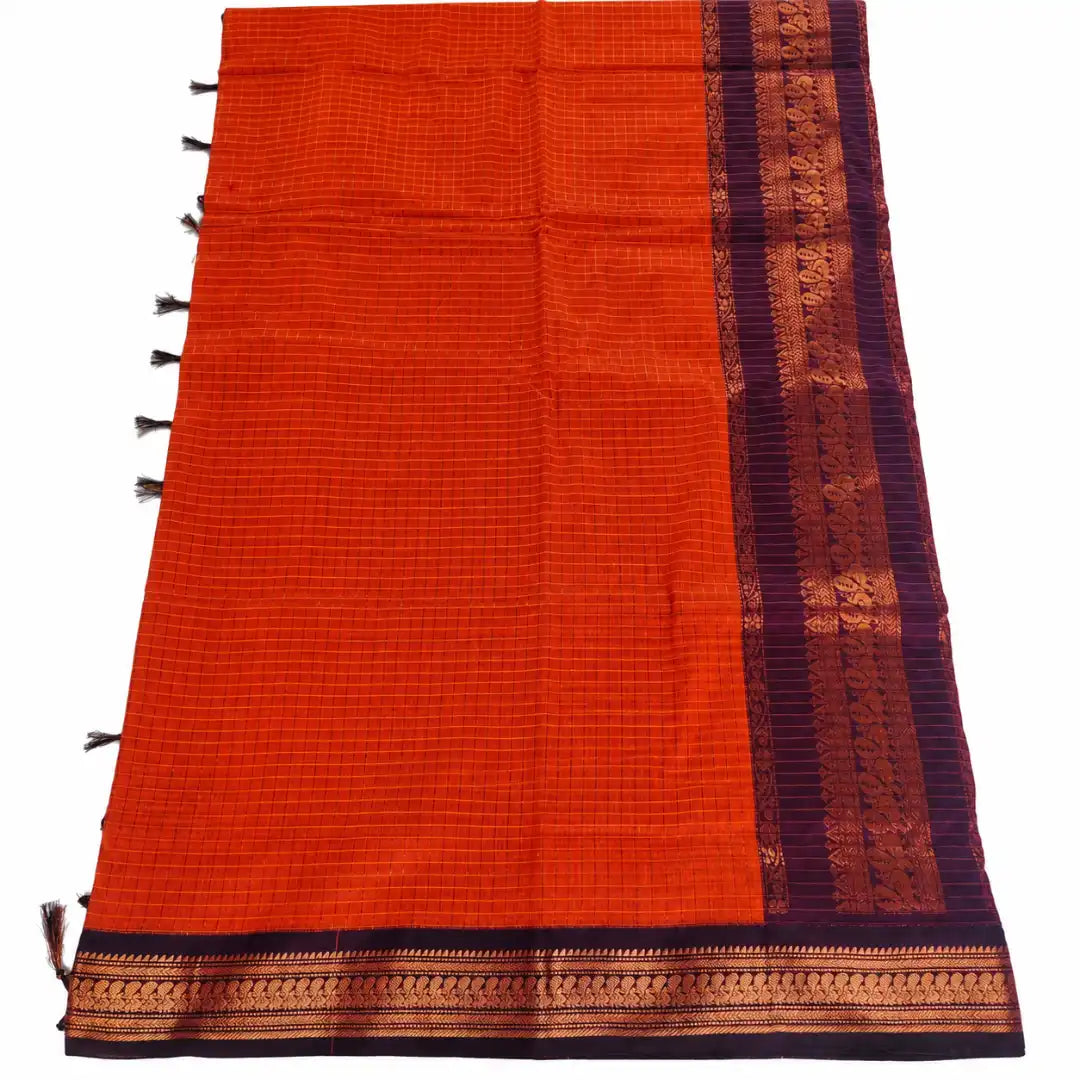 Orange with Maroon Checked Kalyani Cotton Sarees