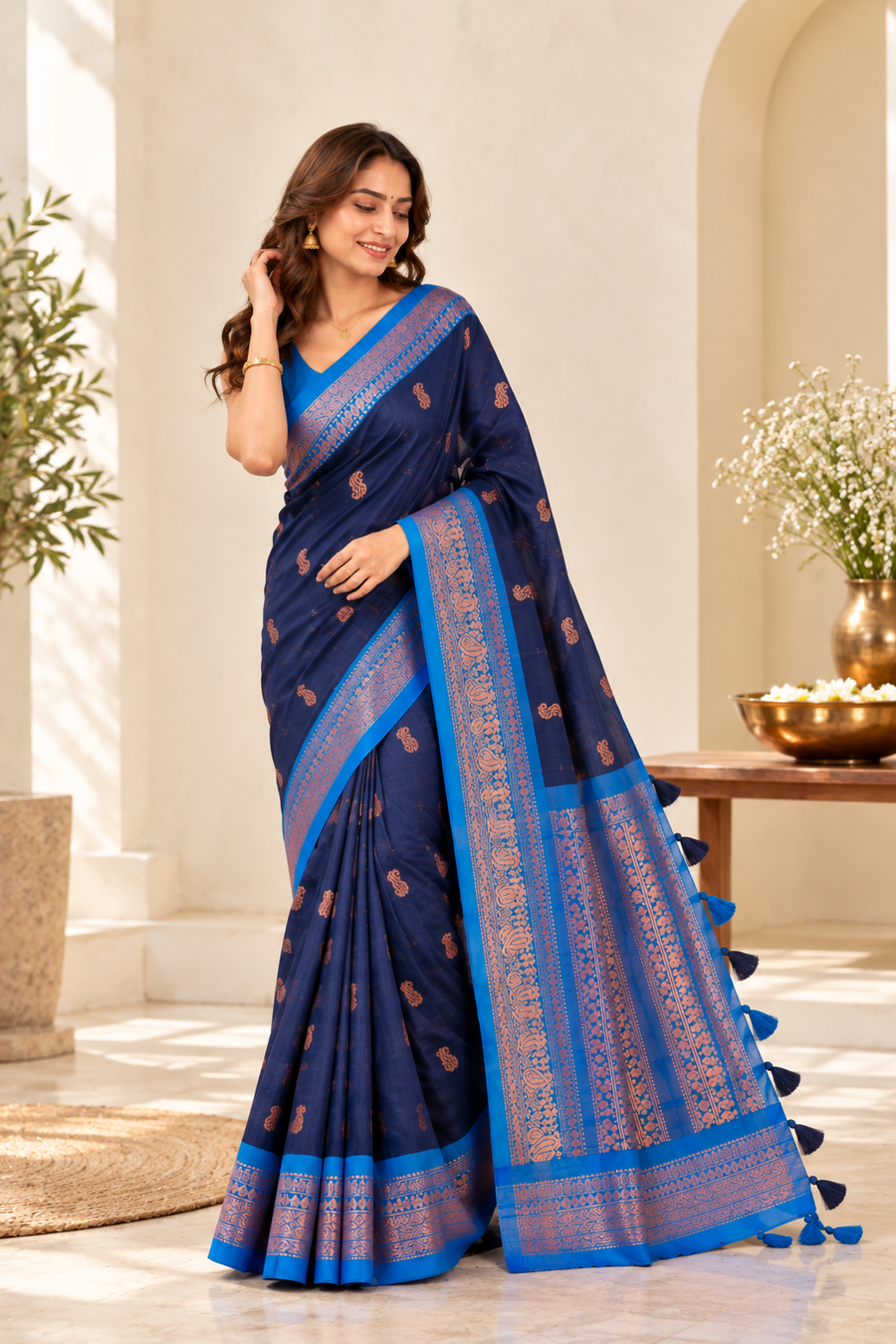 Deep Blue Checked Kalyani Cotton Saree