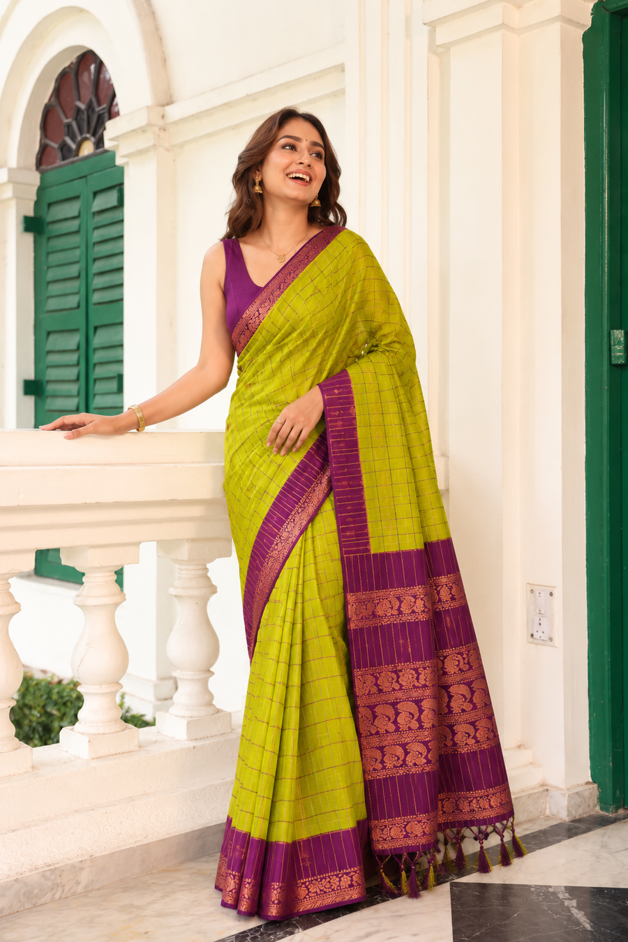 Green Checked Kalyani Cotton Saree