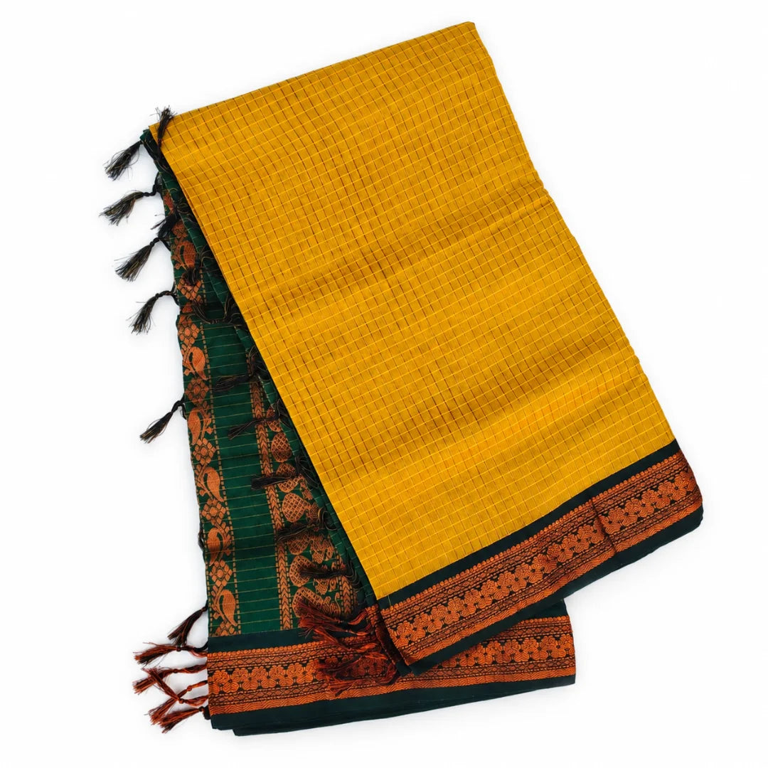 Yellow Checked Kalyani Cotton Saree