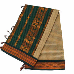 Beige with Bottle Checked Green Kalyani Cotton Sarees