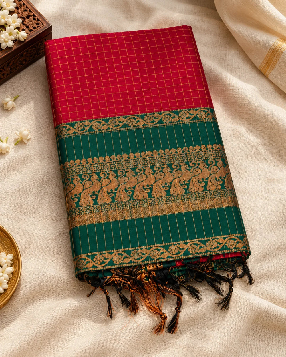 Red Checked Kalyani Cottom Saree