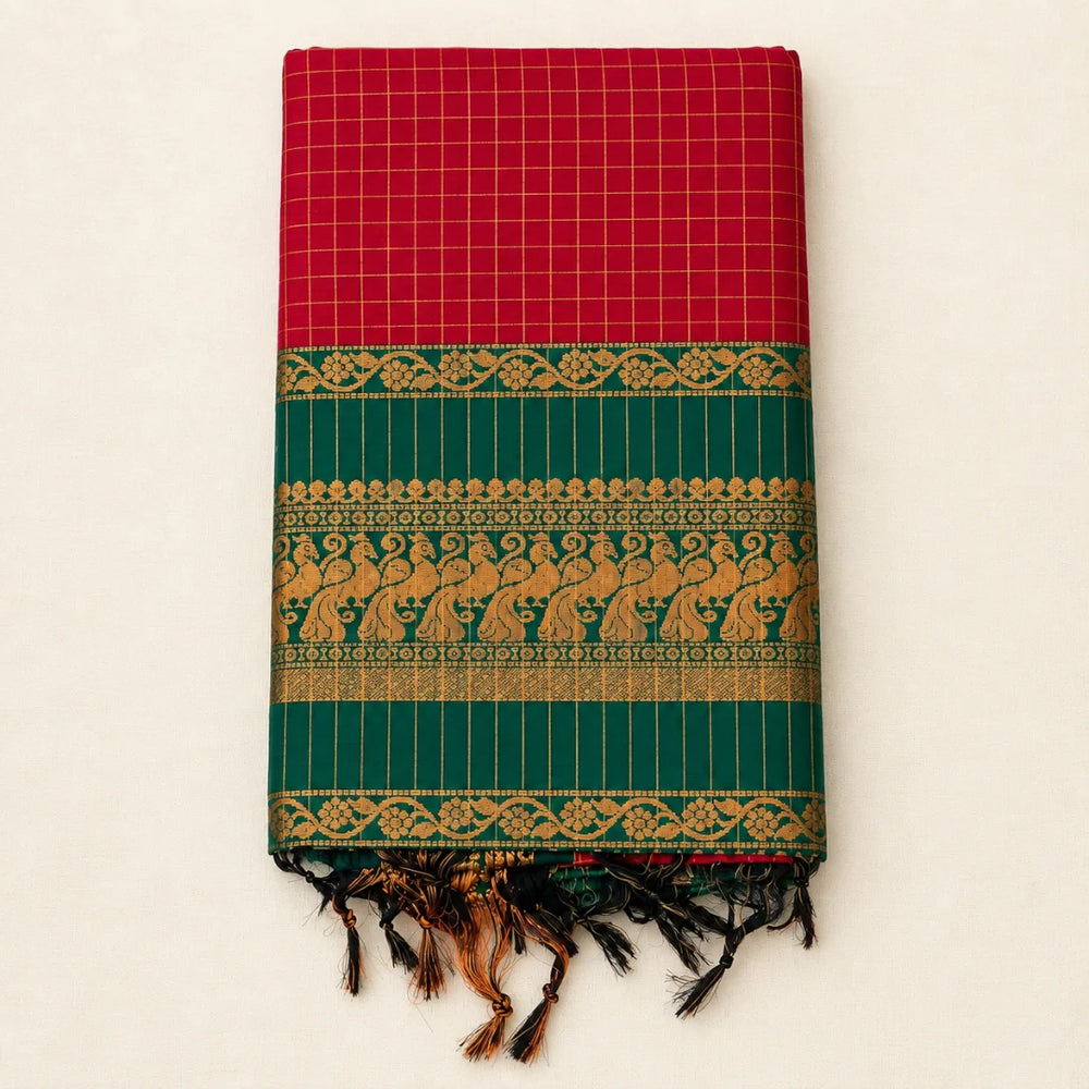 Red Checked Kalyani Cottom Saree