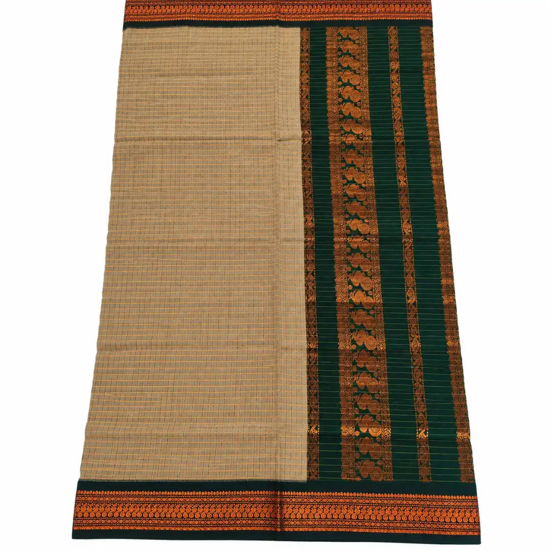 Beige with Bottle Checked Green Kalyani Cotton Sarees