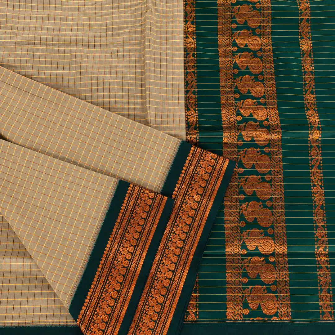 Beige with Bottle Checked Green Kalyani Cotton Sarees