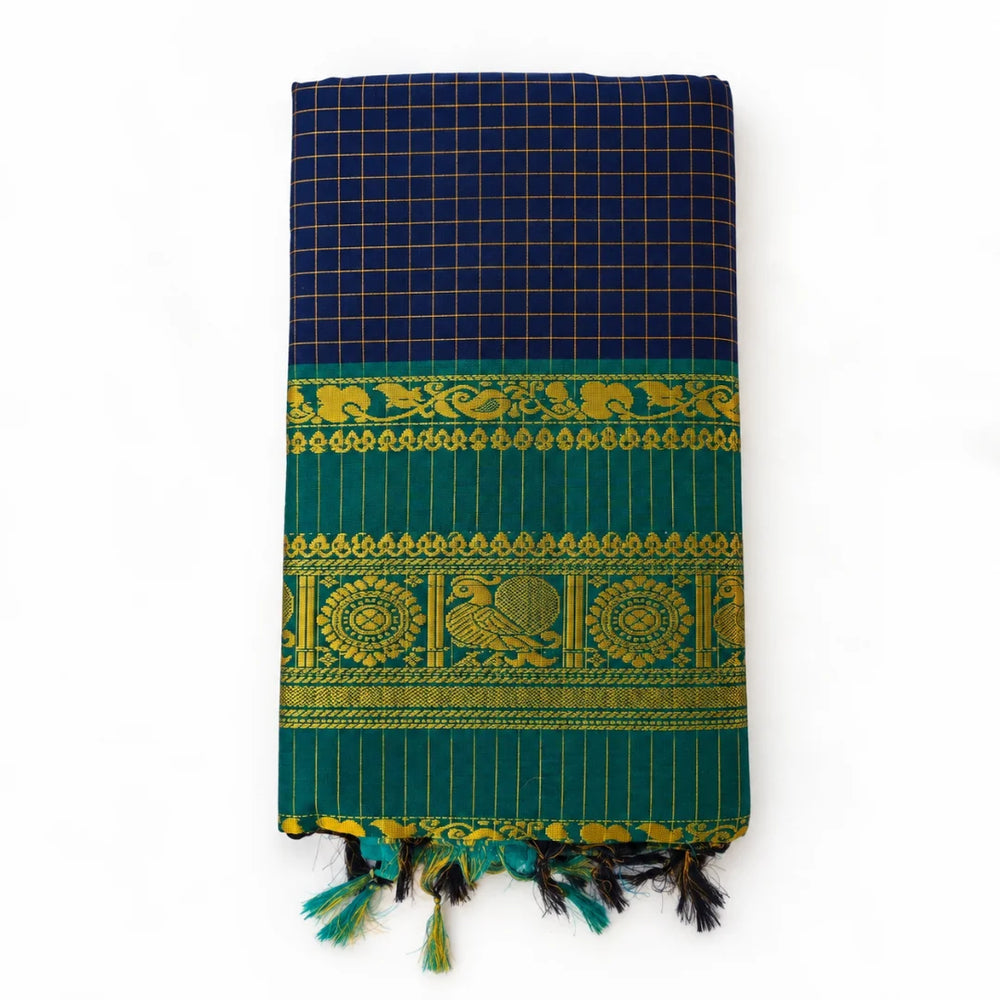 Deep Blue Checked Kalyani Cotton Saree