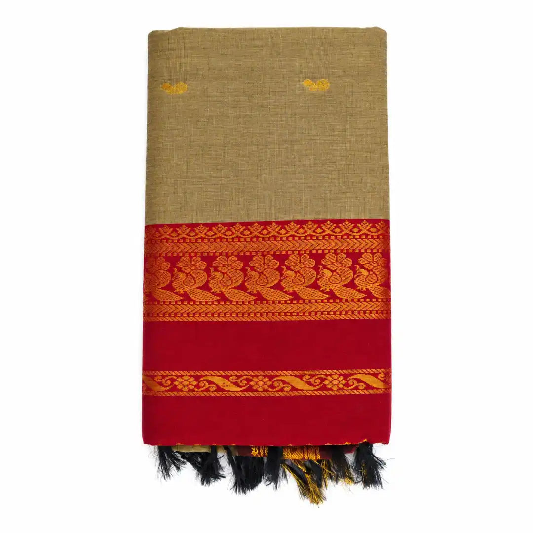 Olive Beige with Maroon Kalyani Cotton Sarees